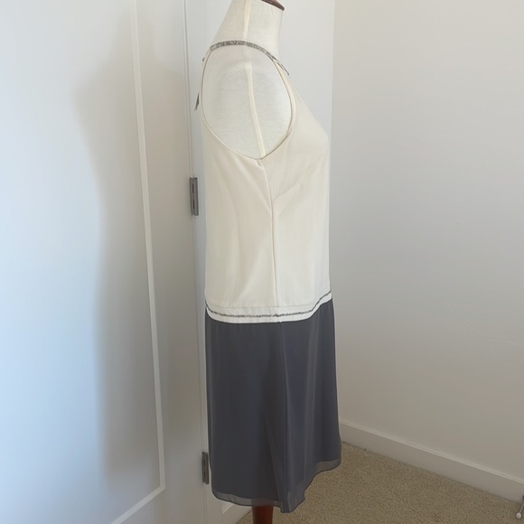 Beaded Neckline Beige & Grey Flow Dress - Picture 5 of 10
